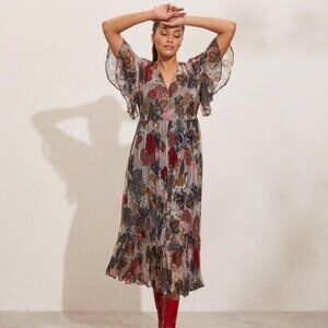 Odd Molly Anthropologie Flora Maxi Long Dress Ruffle Printed Chiffon S-1 228293